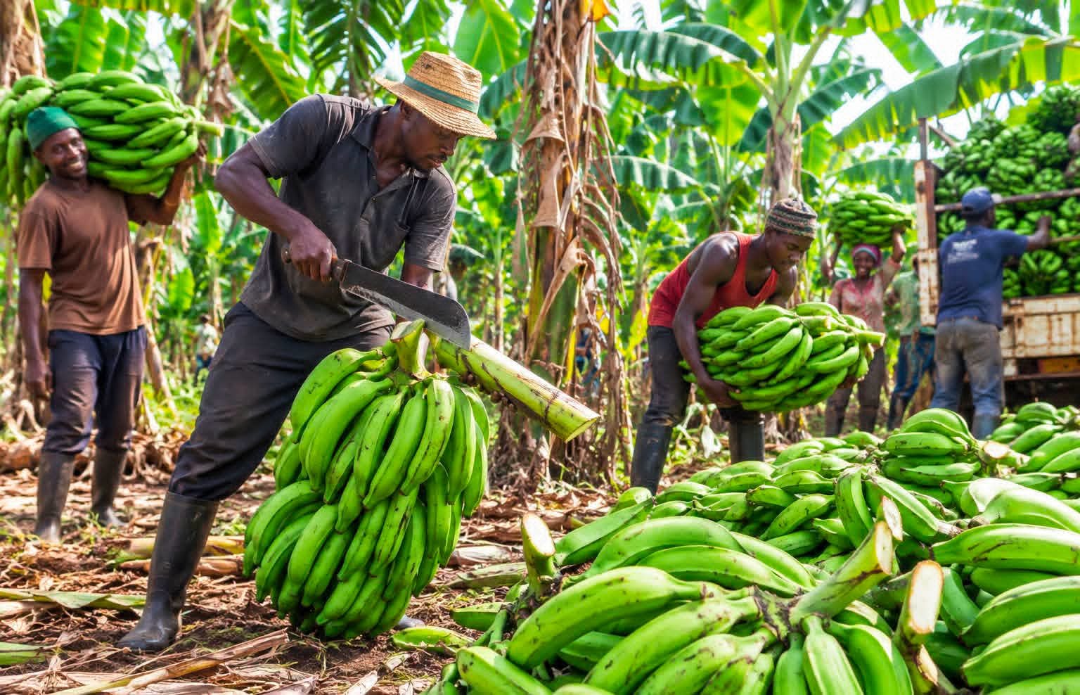 Fresh plantains being harvested and gathered at a farm