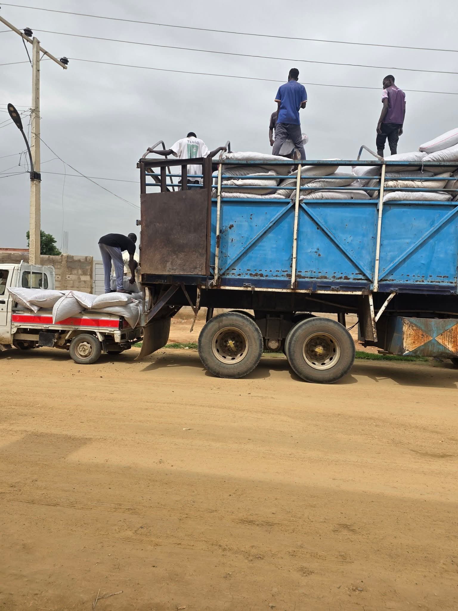 Agricultural produce in sacks being loaded between trucks
