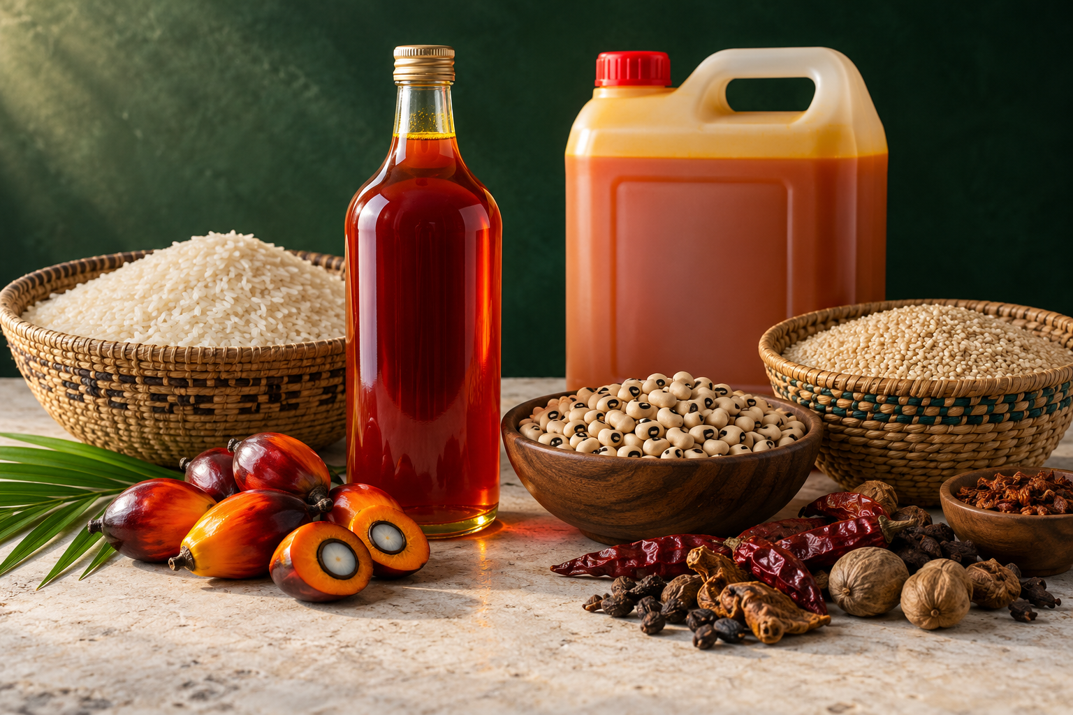 Illustrative still life of edible oil, grains, and spices